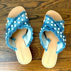 Mystique Pearl Denim Embellished Slide Sandals